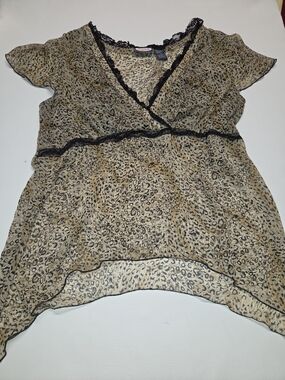 Y2k early 2000s Zoey Beth Leopard Print Lace Trim Top Sheer Size 1X Sheer
